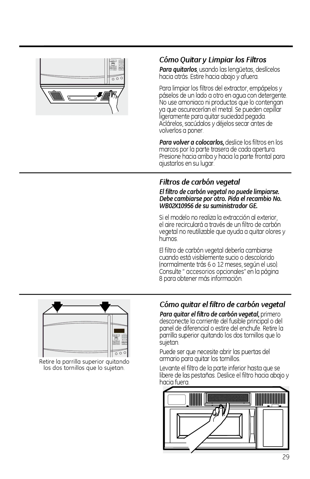 GE PVM1970 Cómo Quitar y Limpiar los Filtros, Filtros de carbón vegetal, Cómo quitar el filtro de carbón vegetal 