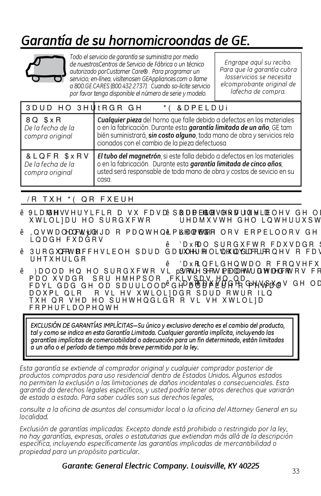 GE PVM1970 Garantía de su hornomicroondas de GE, Garante General Electric Company. Louisville, KY, De la fecha de la 