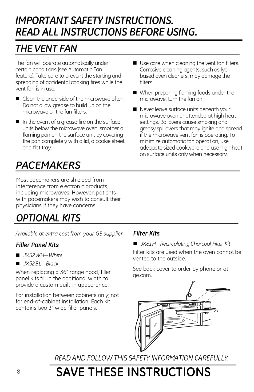 GE PVM1970 owner manual Vent FAN, Pacemakers, Optional Kits, Filler Panel Kits, Filter Kits 