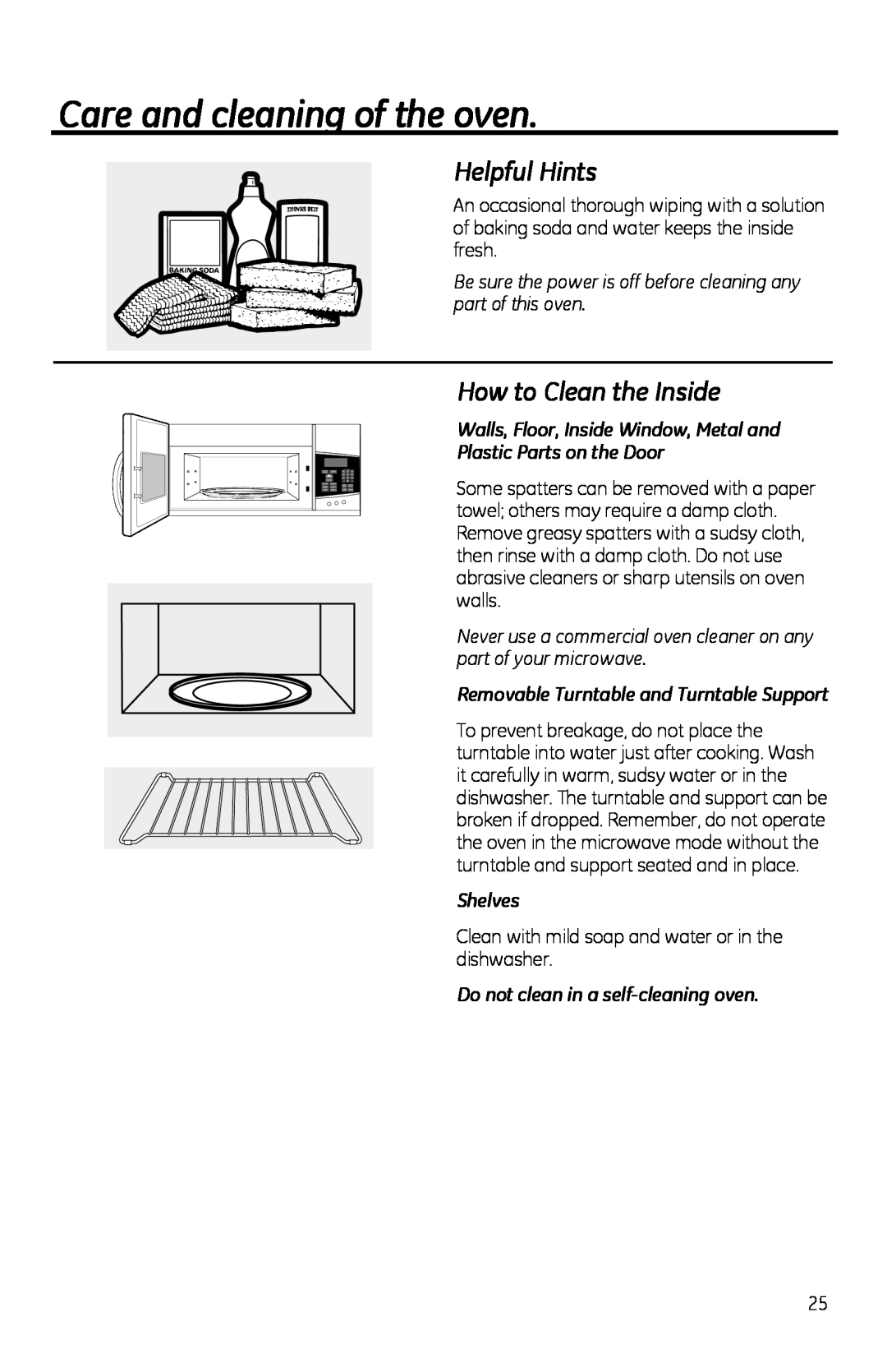GE PVM1970 owner manual Care and cleaning of the oven, Helpful Hints, How to Clean the Inside, Shelves 