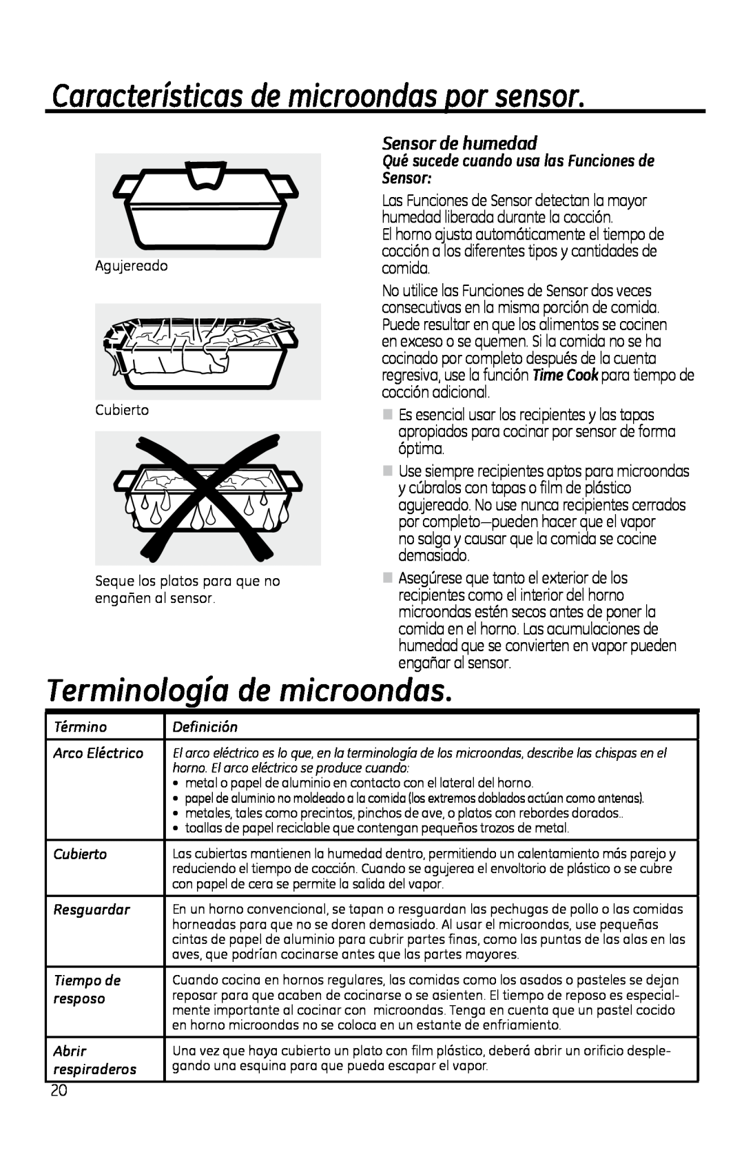 GE PVM1970 owner manual Características de microondas por sensor, Terminología de microondas, Sensor de humedad 