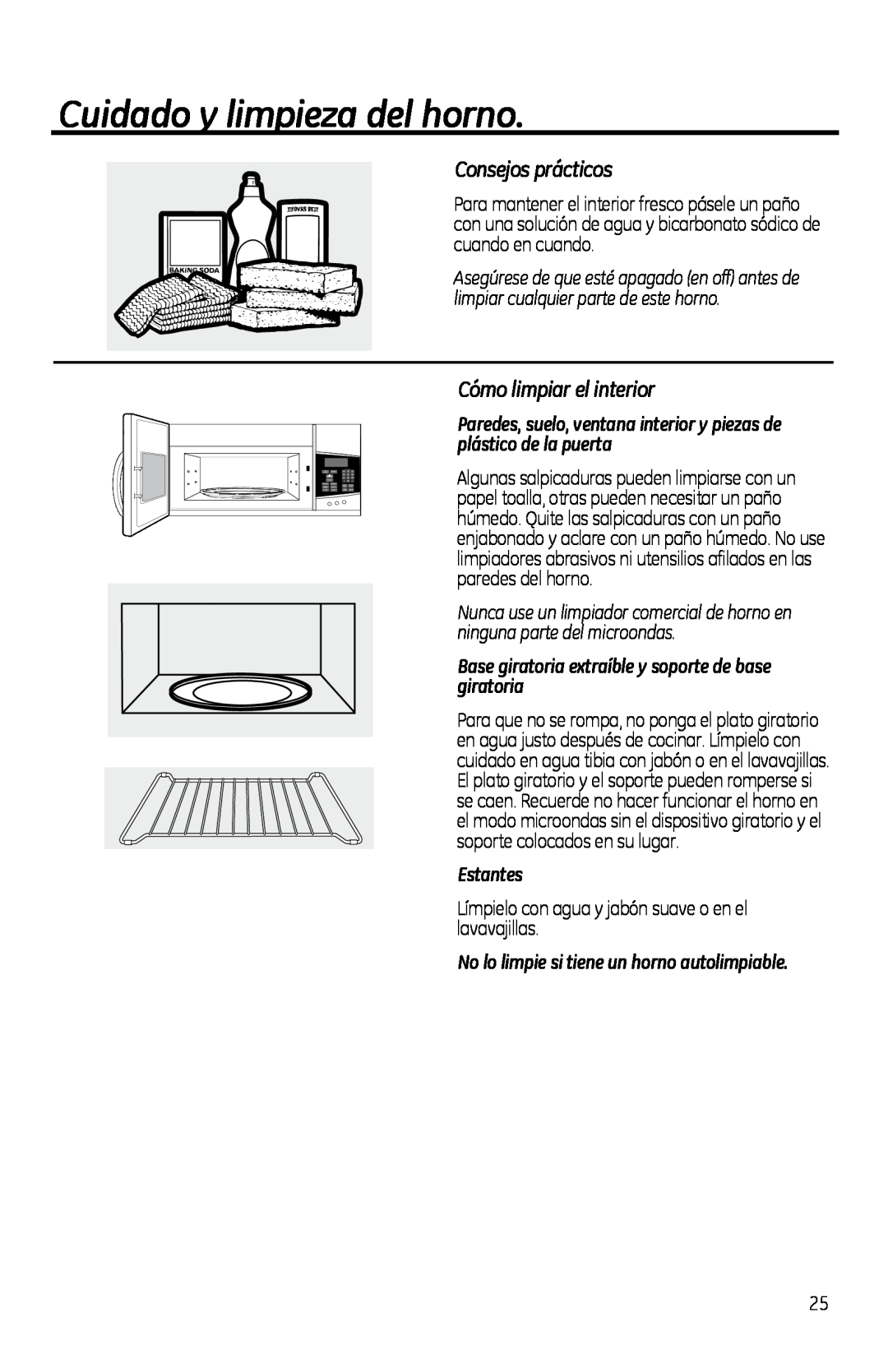 GE PVM1970 owner manual Cuidado y limpieza del horno, Consejos prácticos, Cómo limpiar el interior, Estantes 