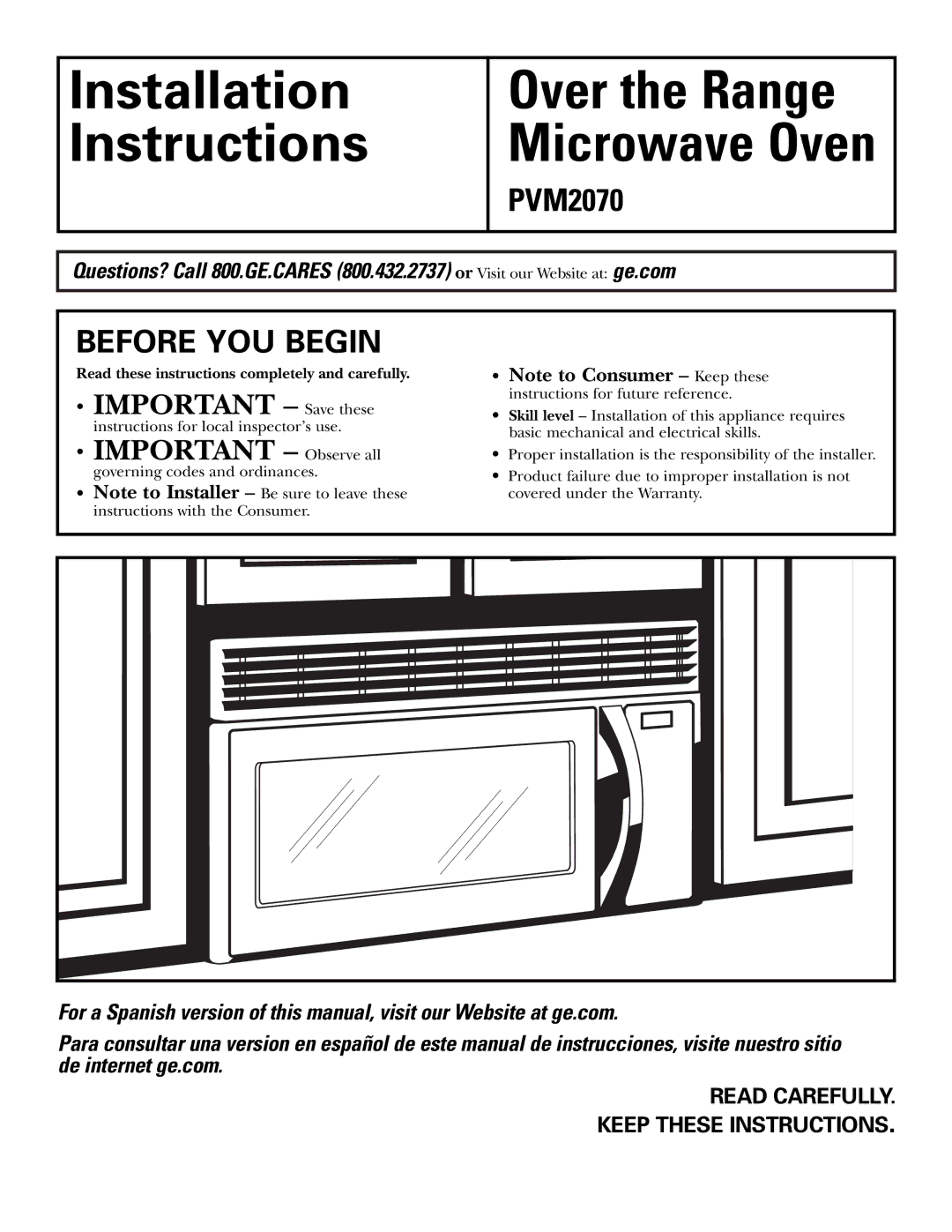 GE PVM2070 warranty Before YOU Begin, Read Carefully Keep These Instructions 