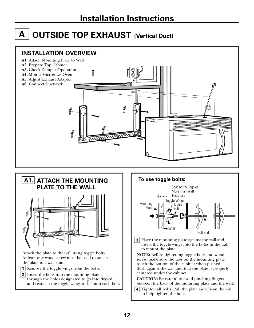 GE PVM2070 warranty Installation Overview, A1. Attach the Mounting Plate to the Wall, To use toggle bolts 