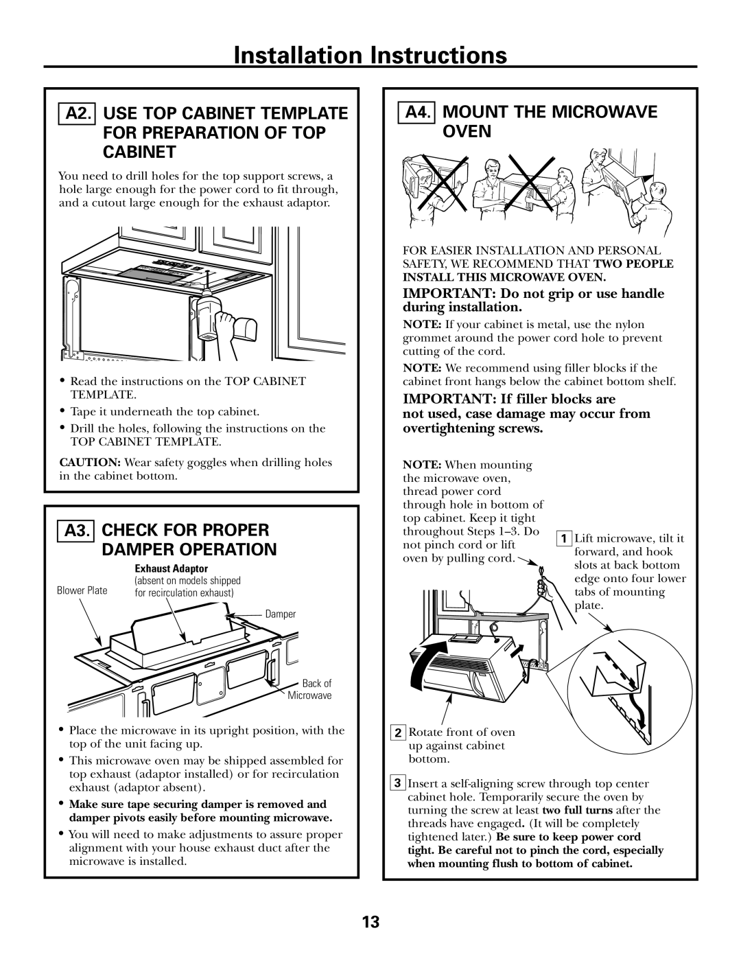 GE PVM2070 warranty A4. Mount the Microwave Oven, A2. USE TOP Cabinet Template for Preparation of TOP Cabinet 