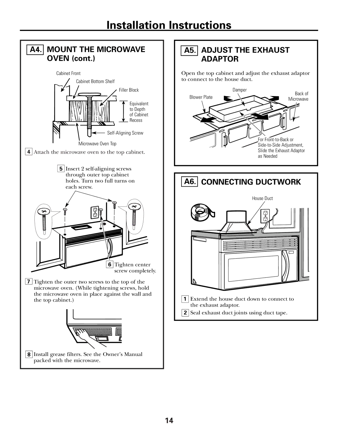 GE PVM2070 warranty A4. Mount the Microwave Oven, A5. Adjust the Exhaust Adaptor, A6. Connecting Ductwork 