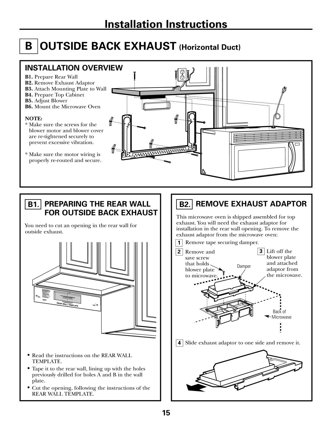 GE PVM2070 warranty B2. Remove Exhaust Adaptor, B1. Preparing the Rear Wall for Outside Back Exhaust 