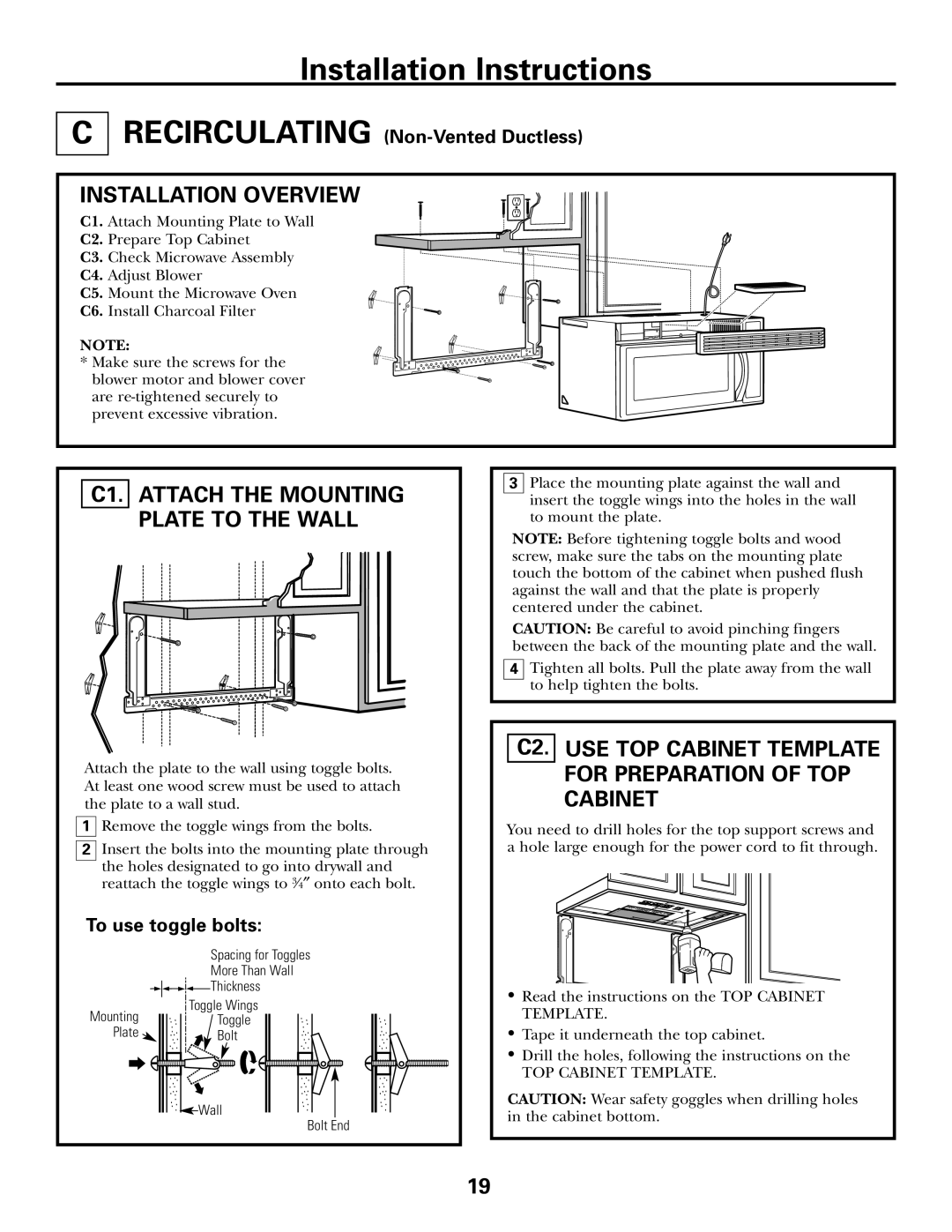 GE PVM2070 warranty C1. Attach the Mounting Plate to the Wall, C2. USE TOP Cabinet Template for Preparation of TOP Cabinet 