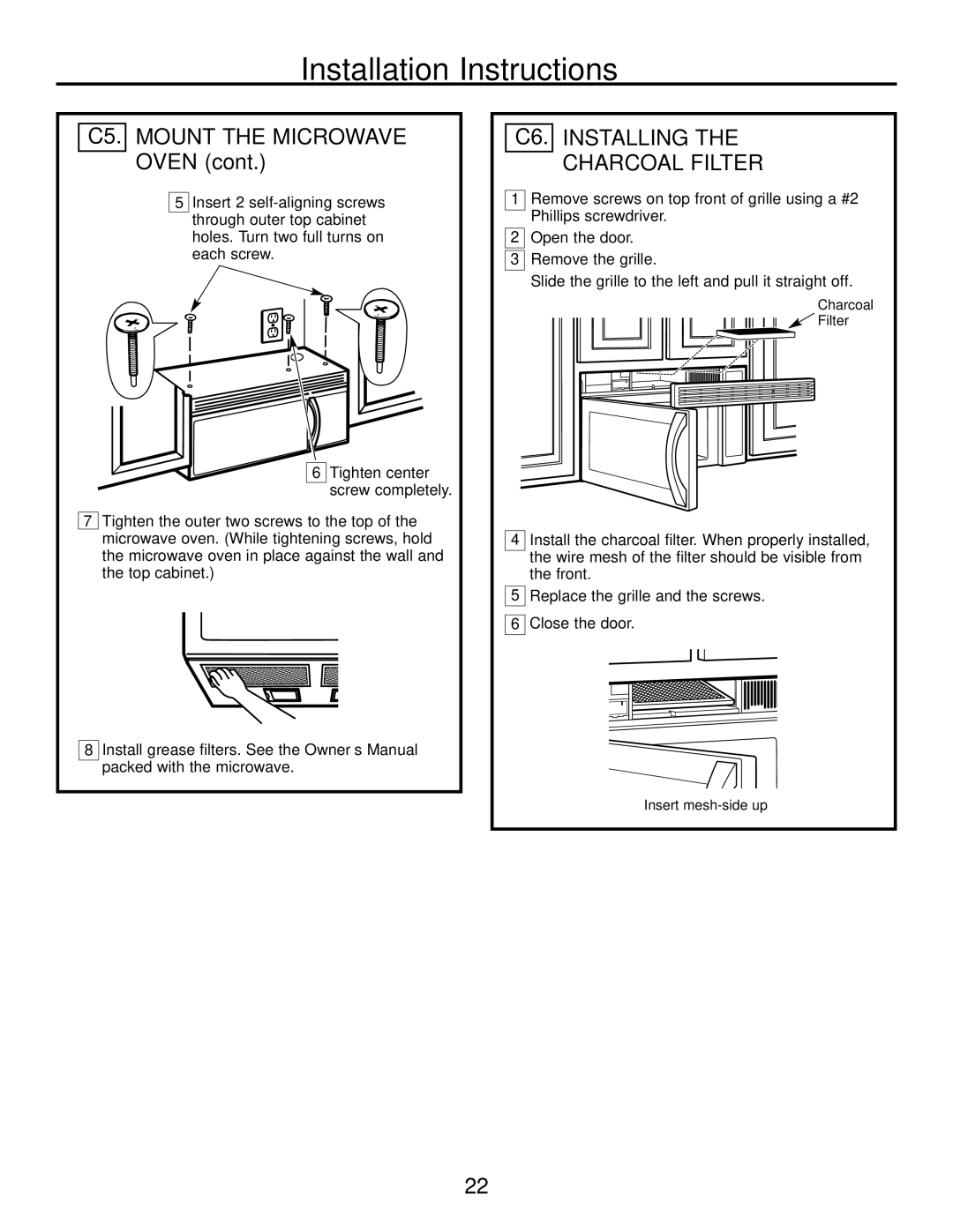 GE PVM2070 warranty C5. Mount the Microwave Oven, C6. Installing Charcoal Filter 