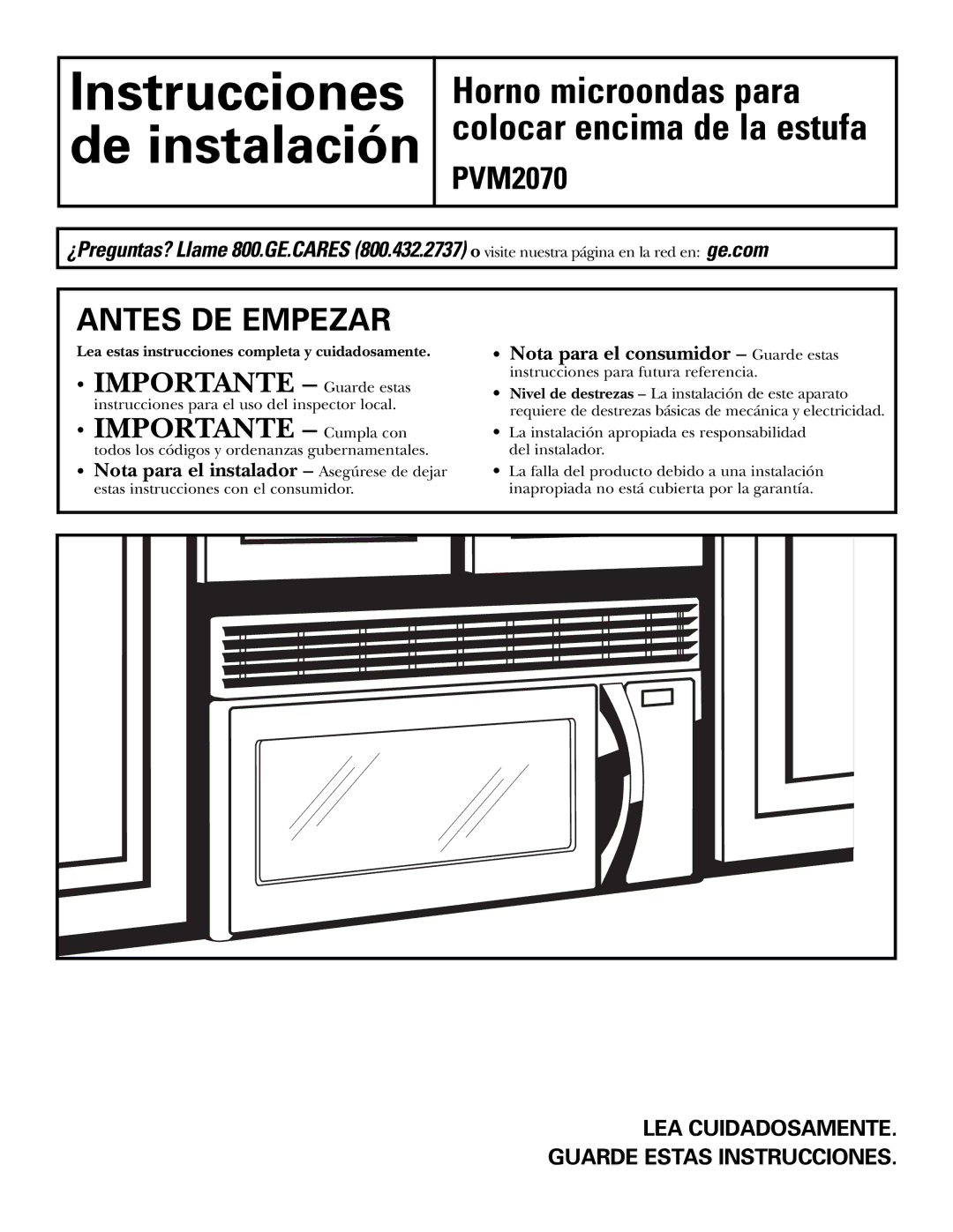 GE PVM2070 warranty Antes DE Empezar, LEA Cuidadosamente Guarde Estas Instrucciones 