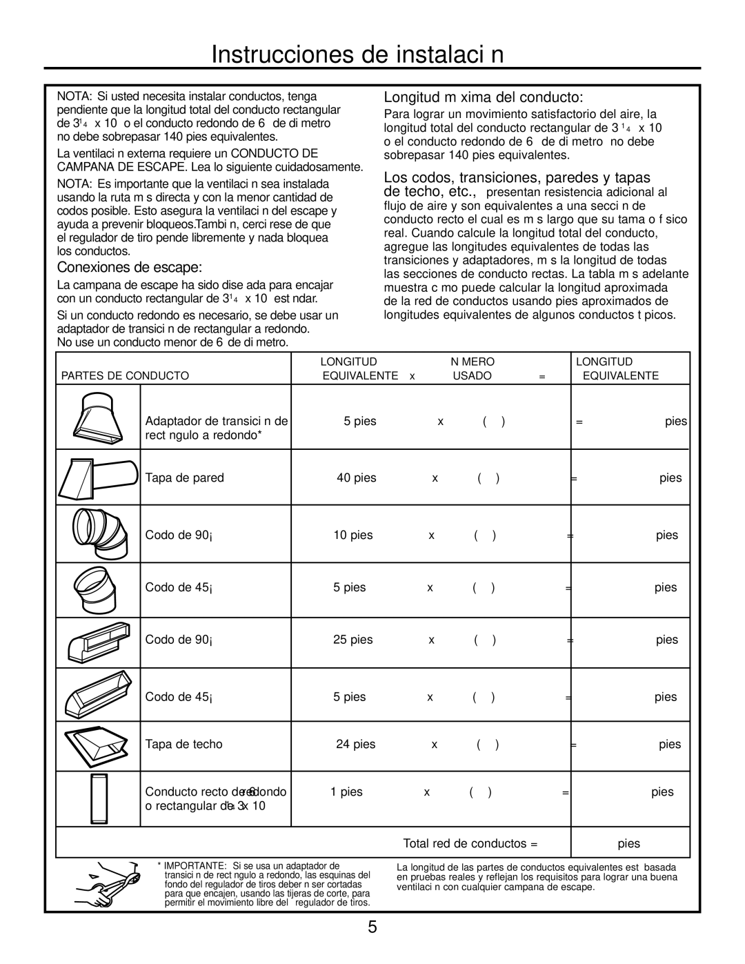 GE PVM2070 warranty Conexiones de escape, Longitud máxima del conducto 