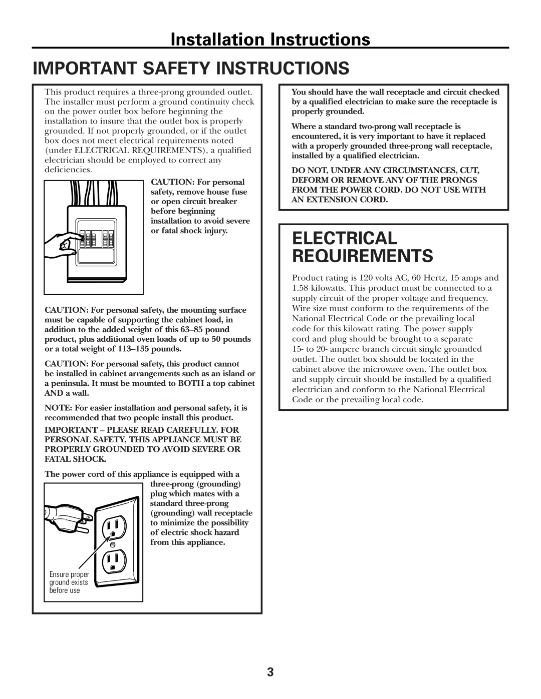 GE PVM2070 warranty Important Safety Instructions, Electrical Requirements 