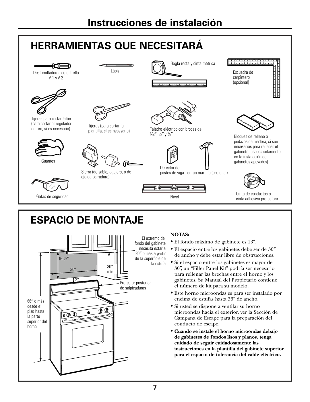 GE PVM2070 warranty Herramientas QUE Necesitará, Espacio DE Montaje 