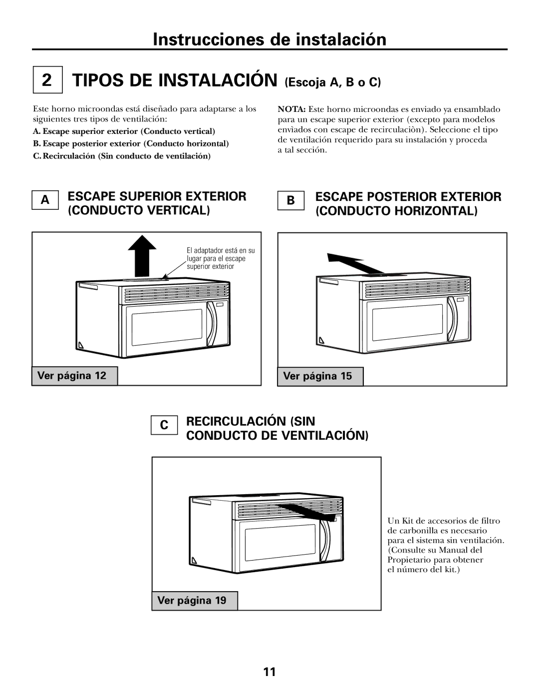 GE PVM2070 warranty Escape Superior Exterior Conducto Vertical, Escape Posterior Exterior Conducto Horizontal, Ver página 