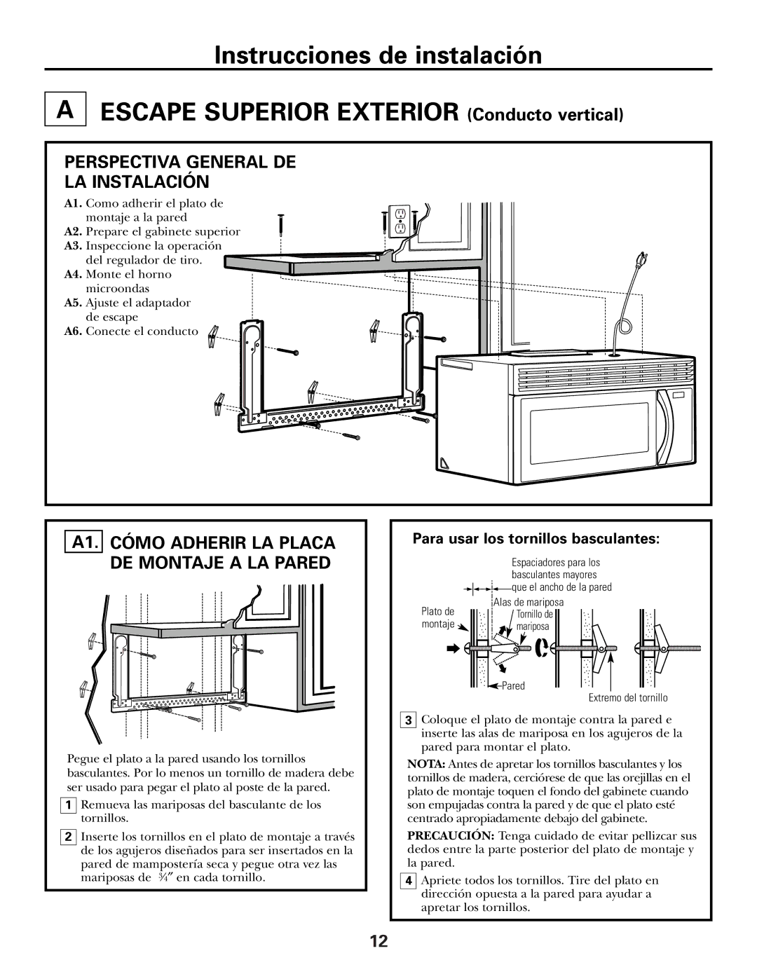 GE PVM2070 warranty Perspectiva General DE LA Instalación, A1. Cómo Adherir LA Placa DE Montaje a LA Pared 