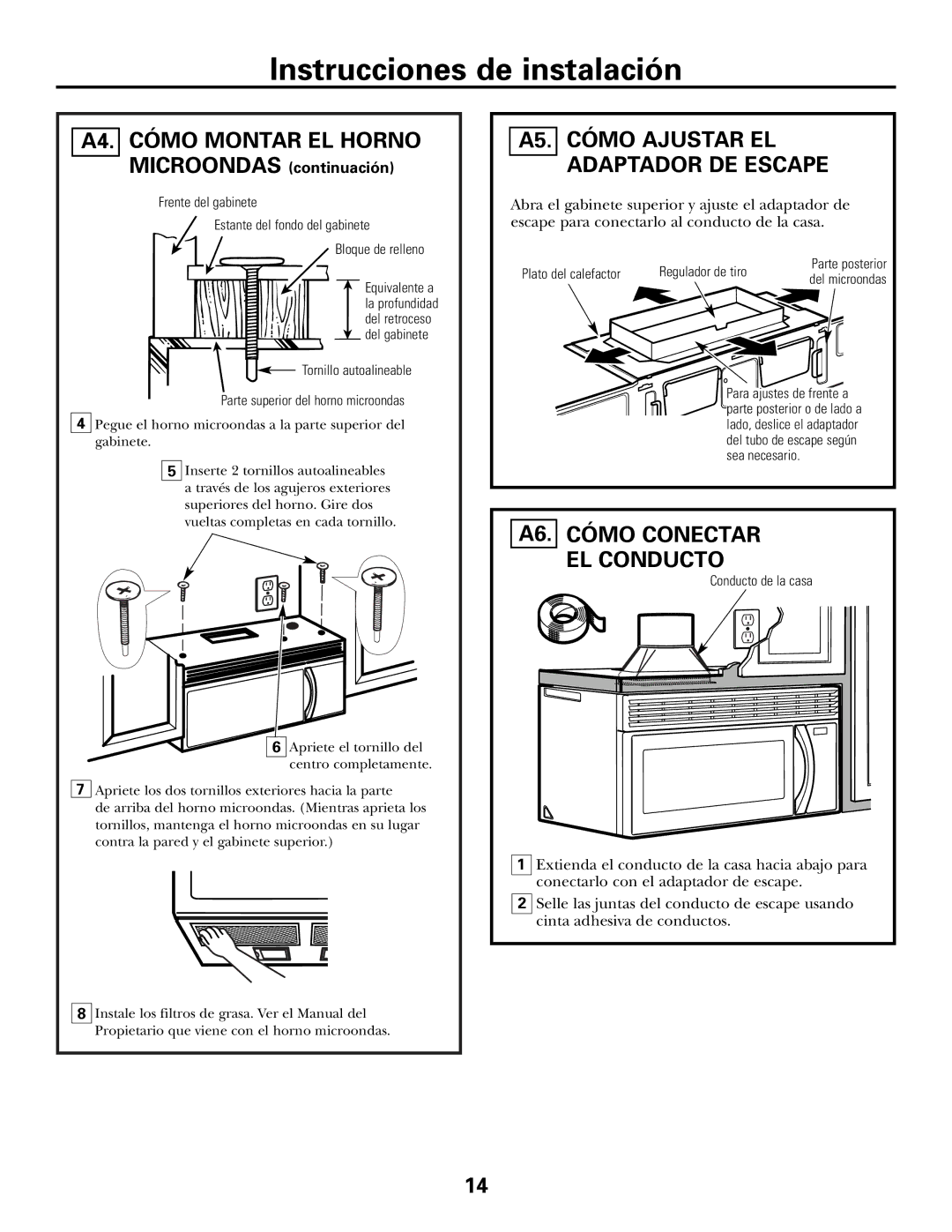 GE PVM2070 warranty A4. Cómo Montar EL Horno, A6. Cómo Conectar EL Conducto, A5. Cómo Ajustar EL Adaptador DE Escape 