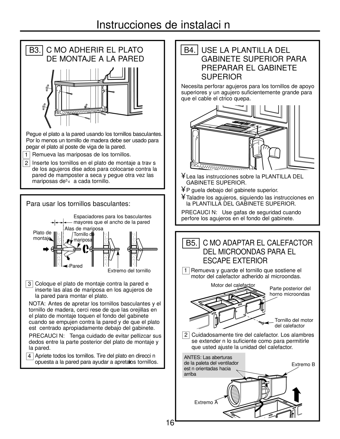 GE PVM2070 warranty B5. Cómo Adaptar EL Calefactor, B3. Cómo Adherir EL Plato DE Montaje a LA Pared 