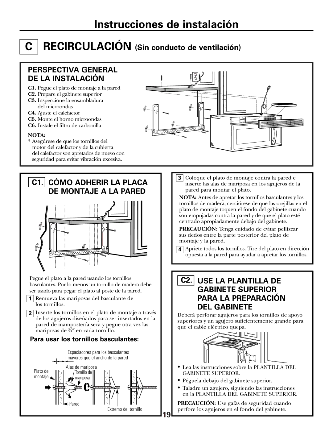 GE PVM2070 warranty Recirculación Sin conducto de ventilación, C1. Cómo Adherir LA Placa DE Montaje a LA Pared 