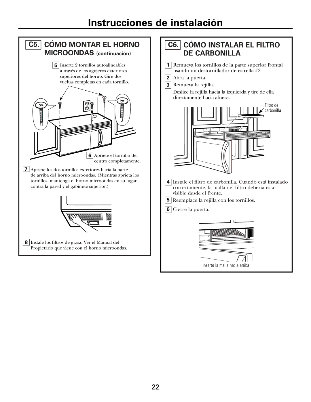 GE PVM2070 warranty C5. Cómo Montar EL Horno, C6. Cómo Instalar EL Filtro DE Carbonilla 