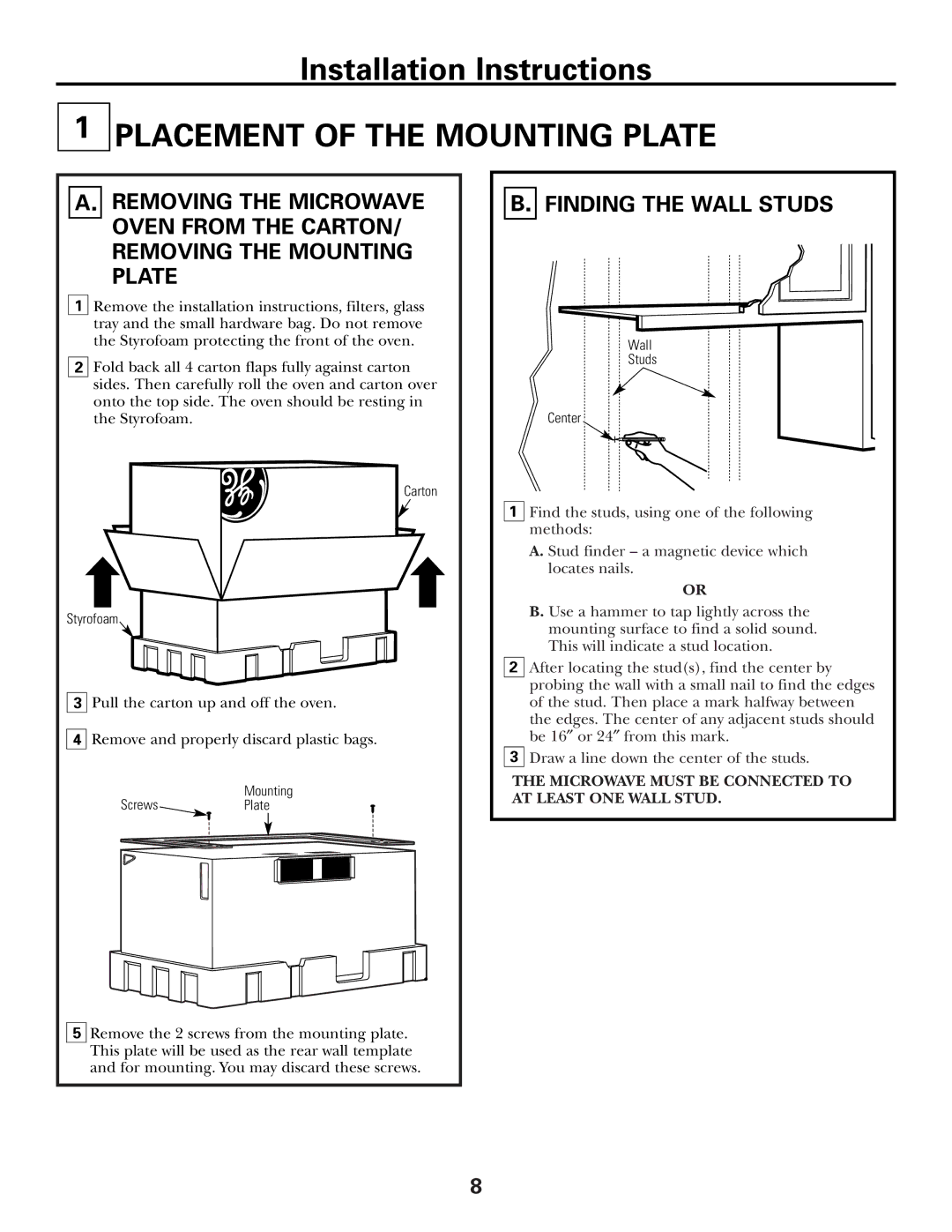 GE PVM2070 warranty Placement of the Mounting Plate, Finding the Wall Studs 