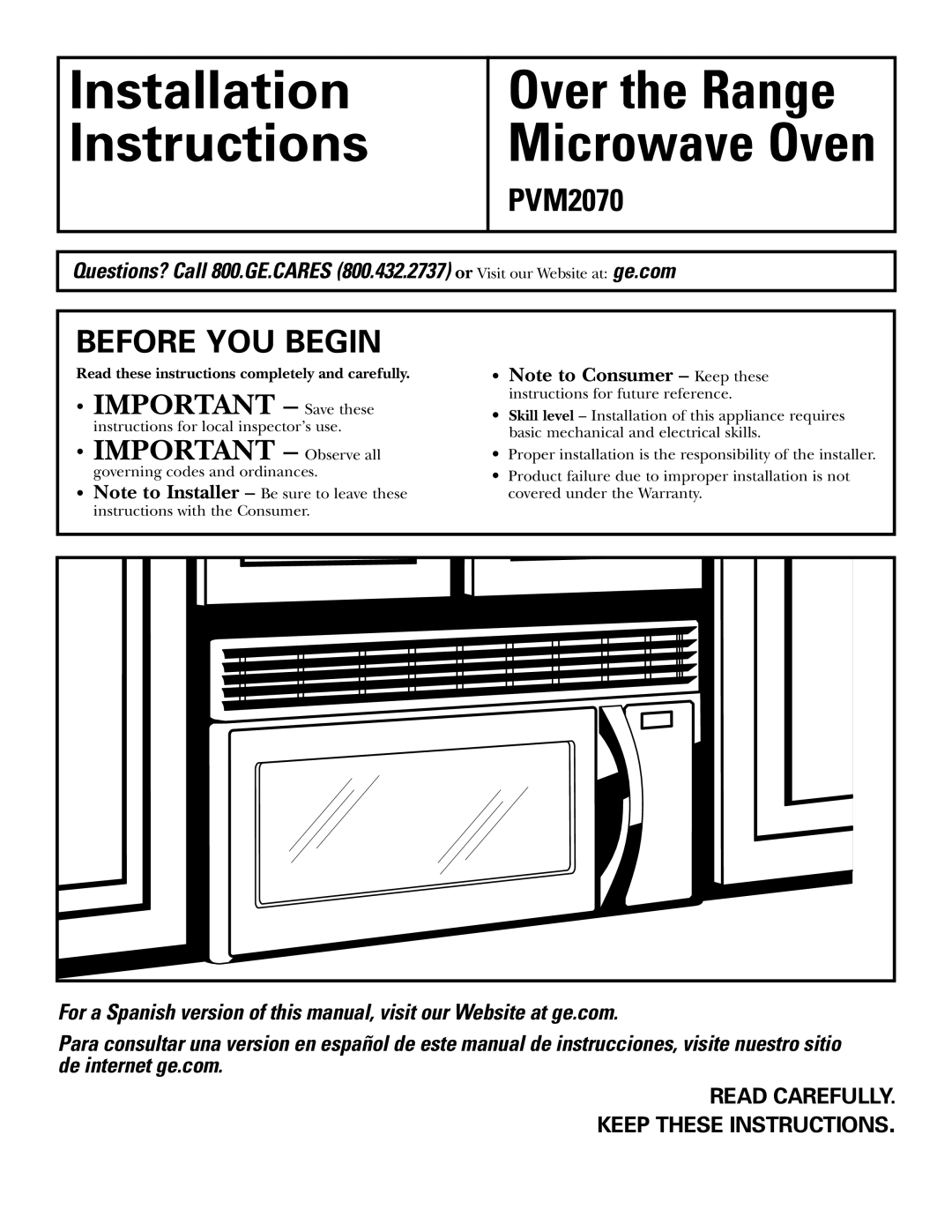 GE PVM2070 warranty Installation Instructions, Before You Begin, IMPORTANT - Save these, IMPORTANT - Observe all 