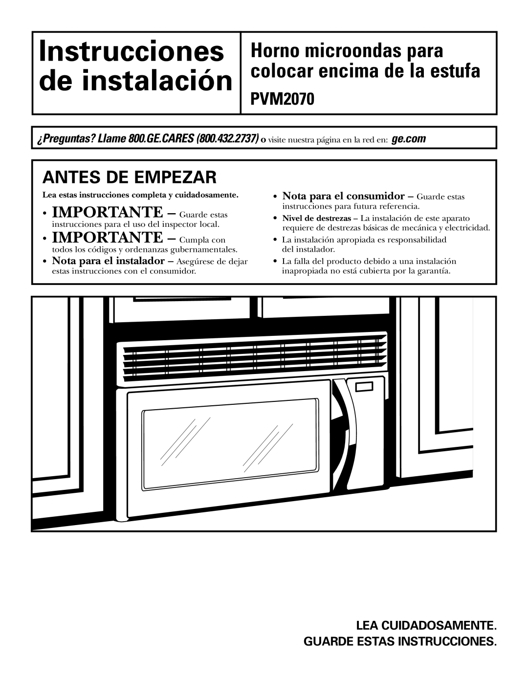 GE PVM2070 warranty Instrucciones de instalación, Horno microondas para colocar encima de la estufa, Antes De Empezar 