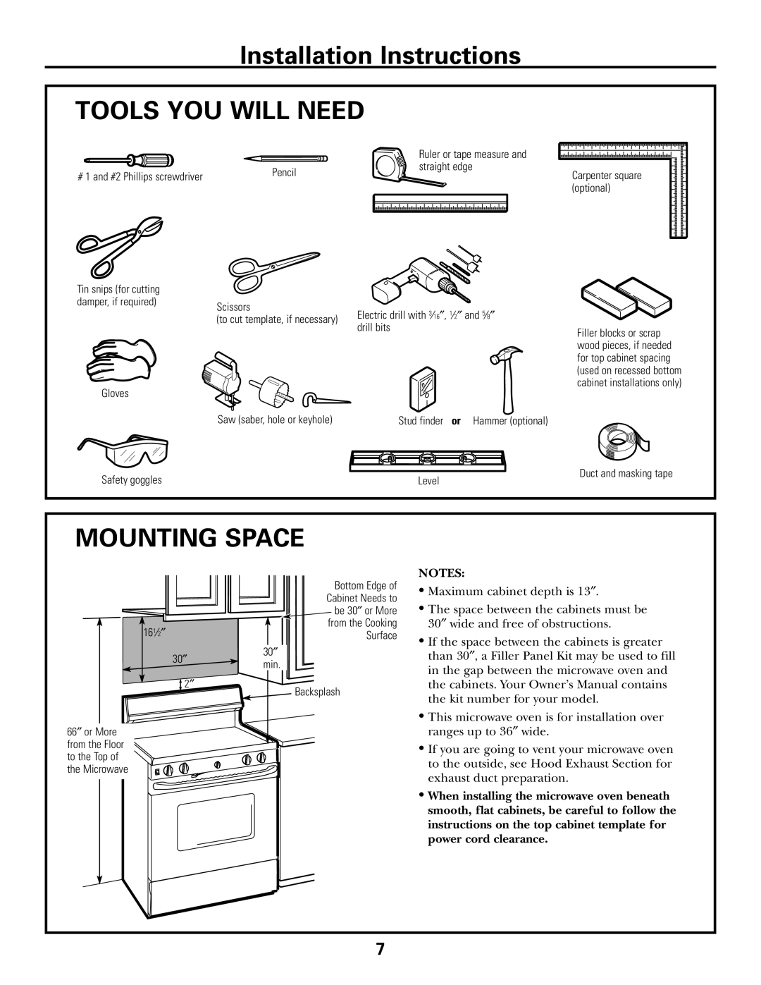 GE PVM2070 warranty Installation Instructions TOOLS YOU WILL NEED, Mounting Space 