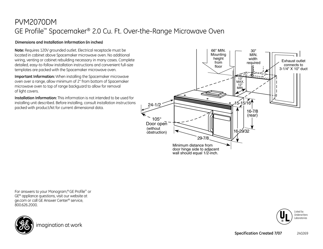 GE PVM2070DMWW dimensions Dimensions and Installation Information in inches, Specification Created 7/07 