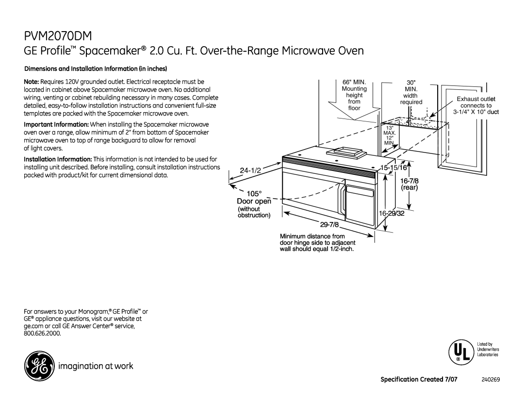 GE PVM2070DMWW dimensions GE Profile Spacemaker 2.0 Cu. Ft. Over-the-Range Microwave Oven, 24-1/2 105 Door open, 29-7/8 