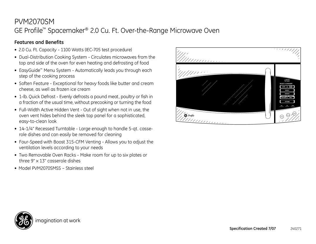 GE PVM2070SMSS dimensions Features and Benefits 