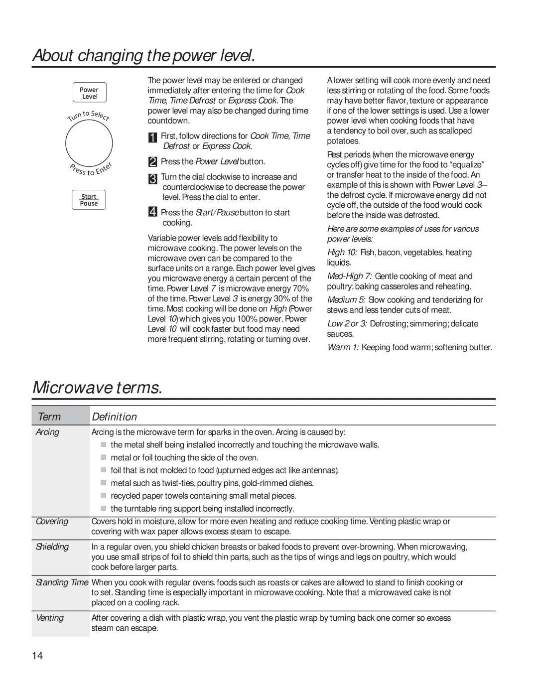 GE PVM9179 owner manual About changing the power level, Microwave terms, Term Definition 