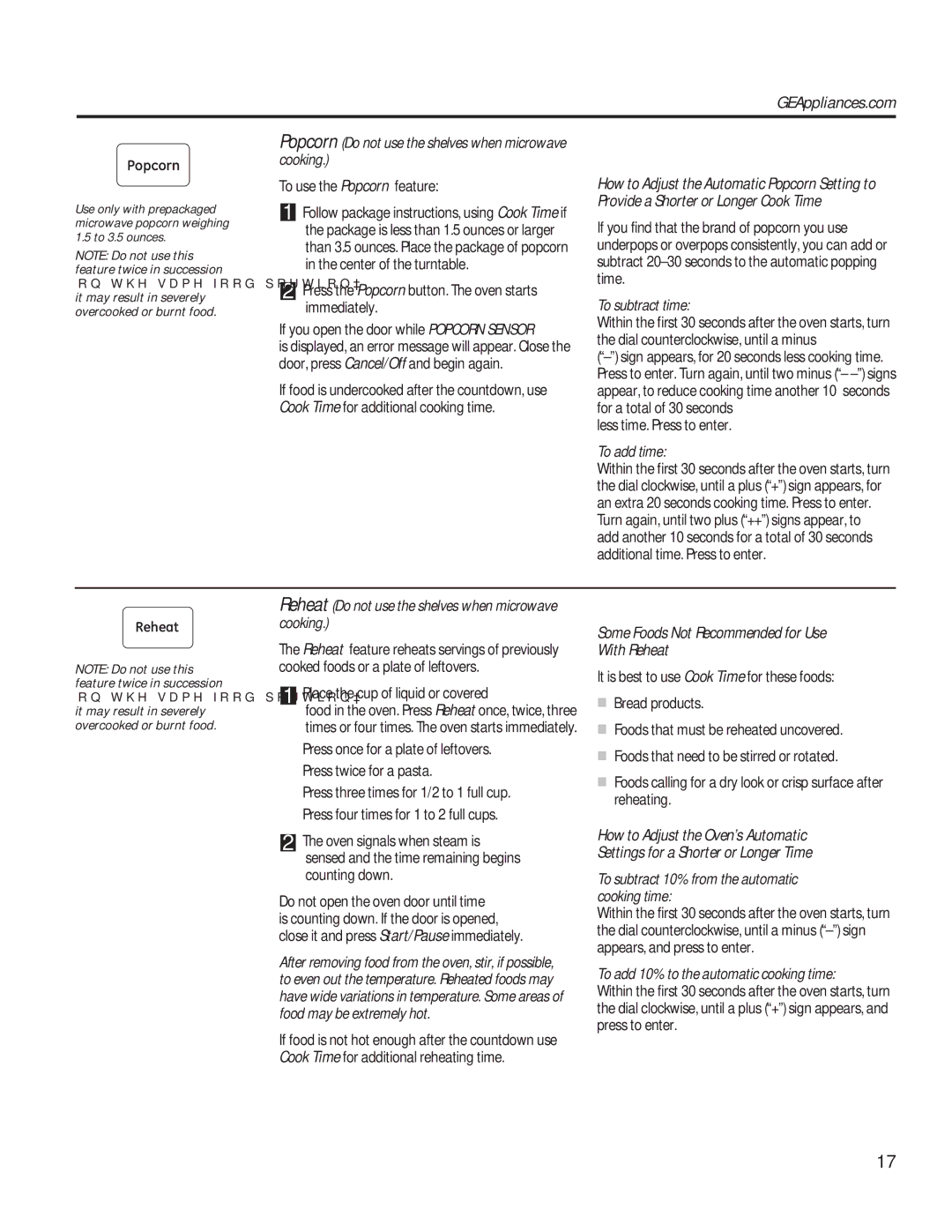 GE PVM9179 owner manual To subtract time, To add time, Reheat Do not use the shelves when microwave cooking 