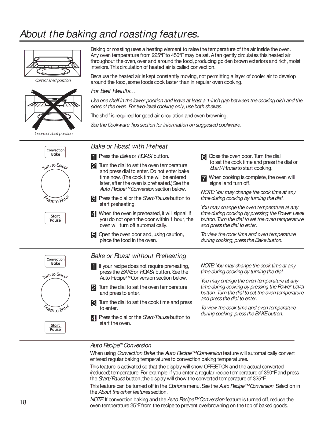 GE PVM9179 About the baking and roasting features, Bake or Roast with Preheat, Bake or Roast without Preheating 