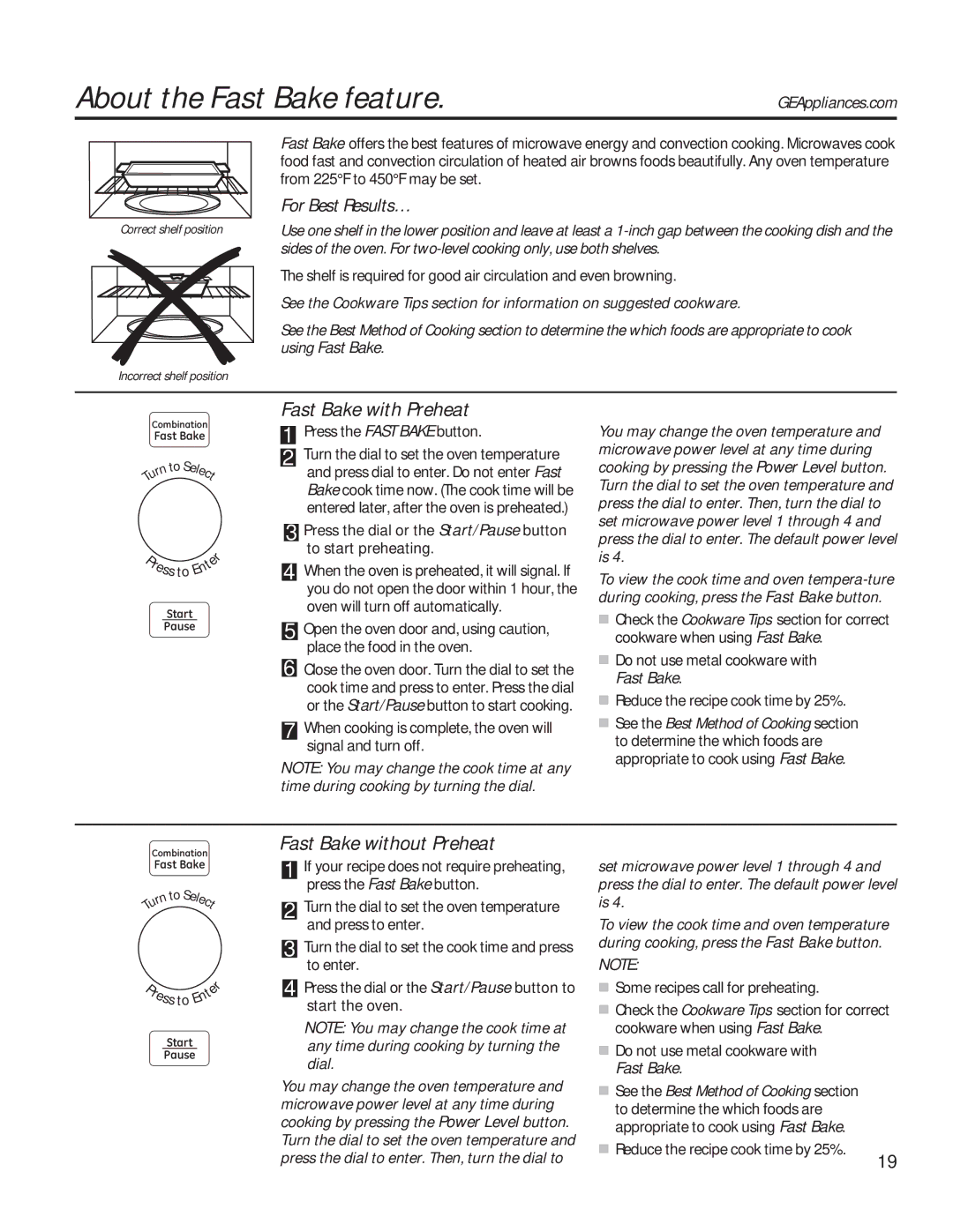 GE PVM9179 owner manual About the Fast Bake feature, Fast Bake with Preheat, Fast Bake without Preheat 