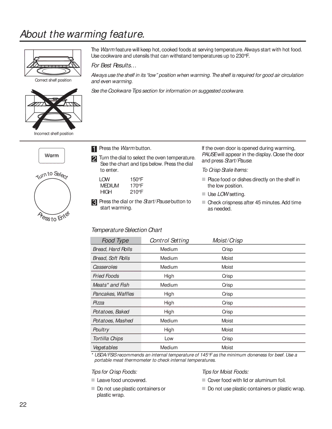 GE PVM9179 owner manual About the warming feature, Temperature Selection Chart, Food Type 