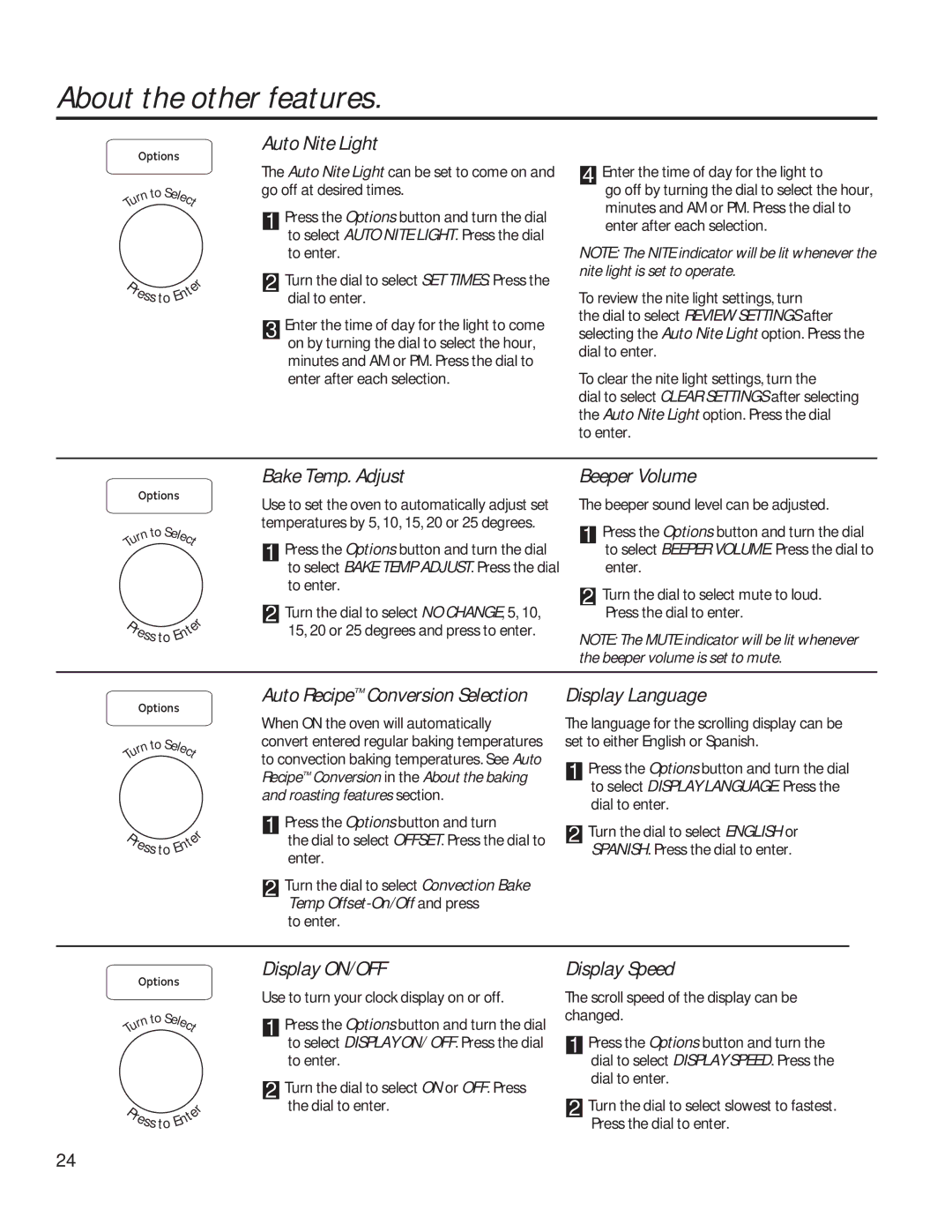 GE PVM9179 owner manual Auto Nite Light, Bake Temp. Adjust, Beeper Volume, Display ON/OFF, Display Speed 