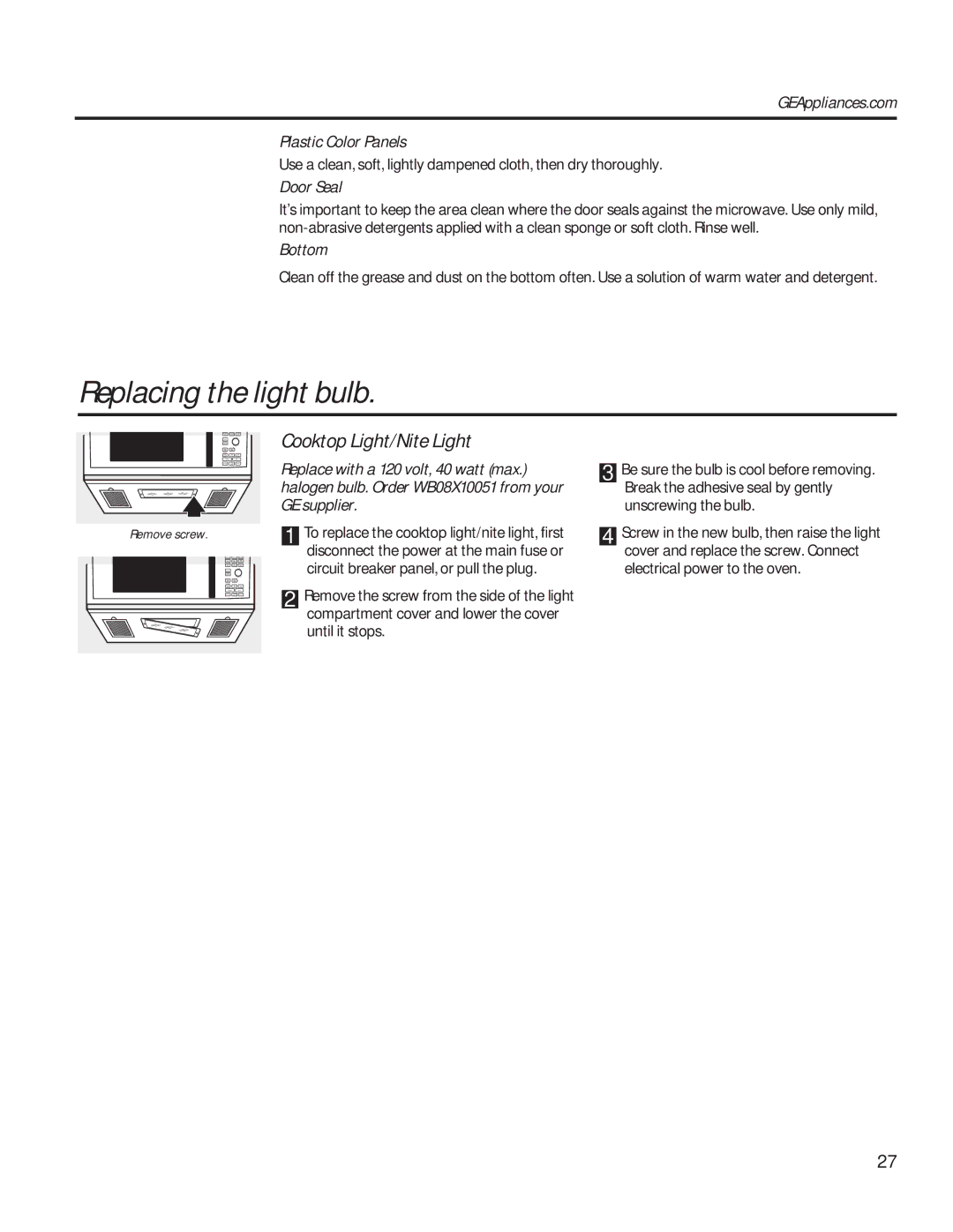 GE PVM9179 Replacing the light bulb, Cooktop Light/Nite Light, GEAppliances.com Plastic Color Panels, Door Seal, Bottom 