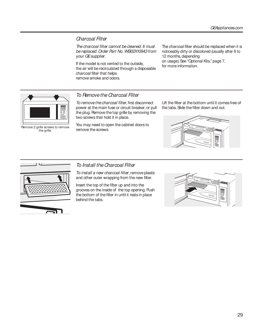 GE PVM9179 owner manual To Remove the Charcoal Filter, To Install the Charcoal Filter 