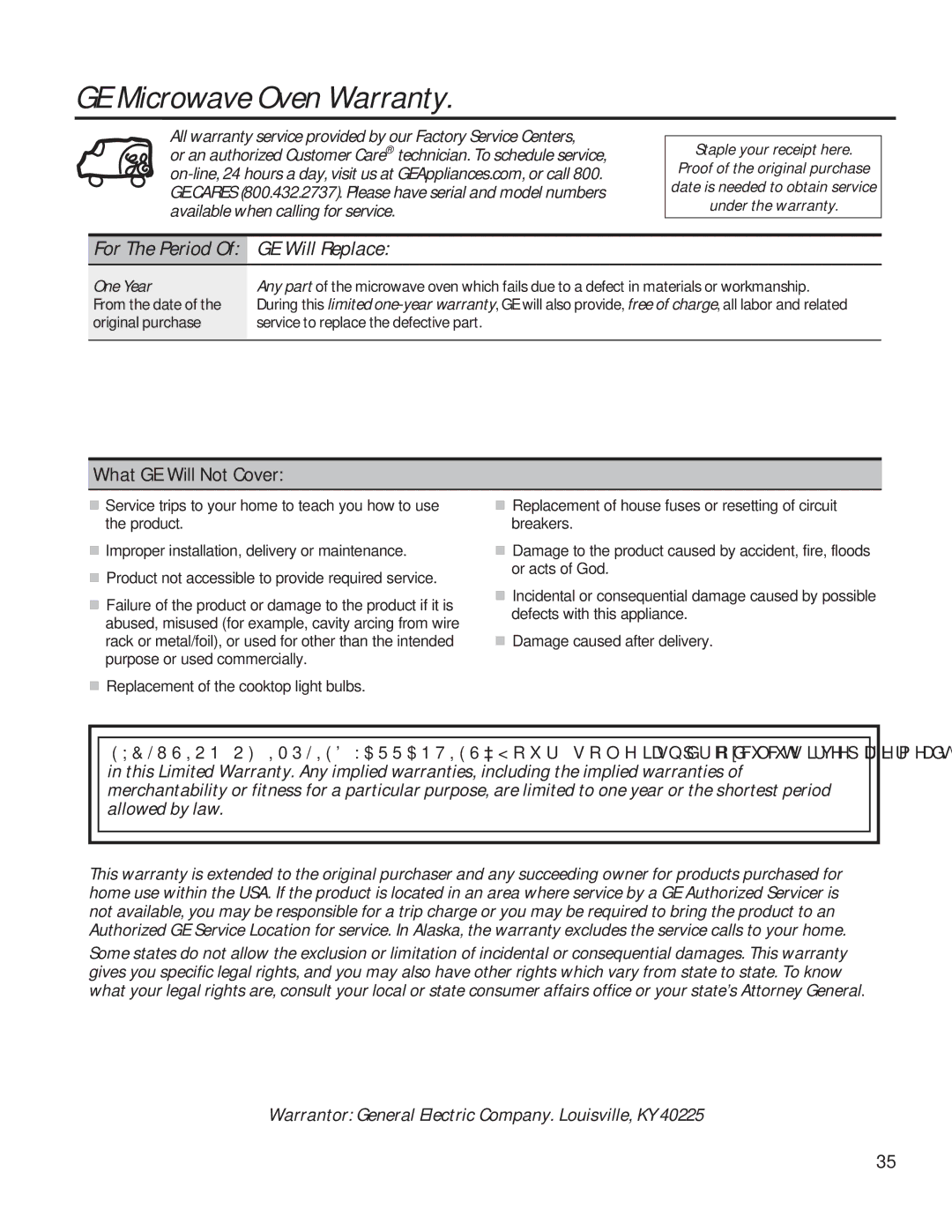 GE PVM9179 owner manual GE Microwave Oven Warranty, For The Period Of GE Will Replace 