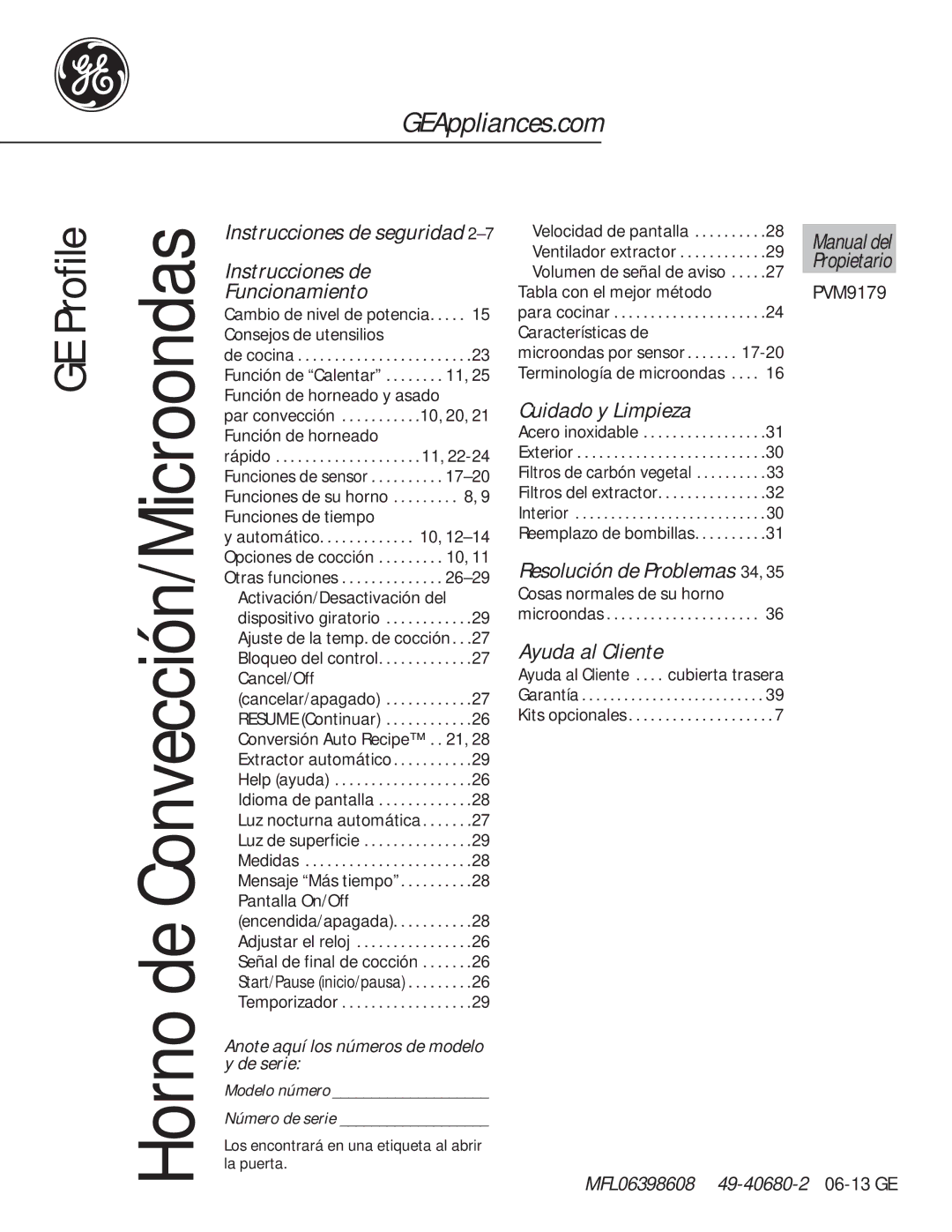 GE PVM9179 owner manual Anote aquí los números de modelo y de serie, Modelo número Número de serie, Manual del, Propietario 