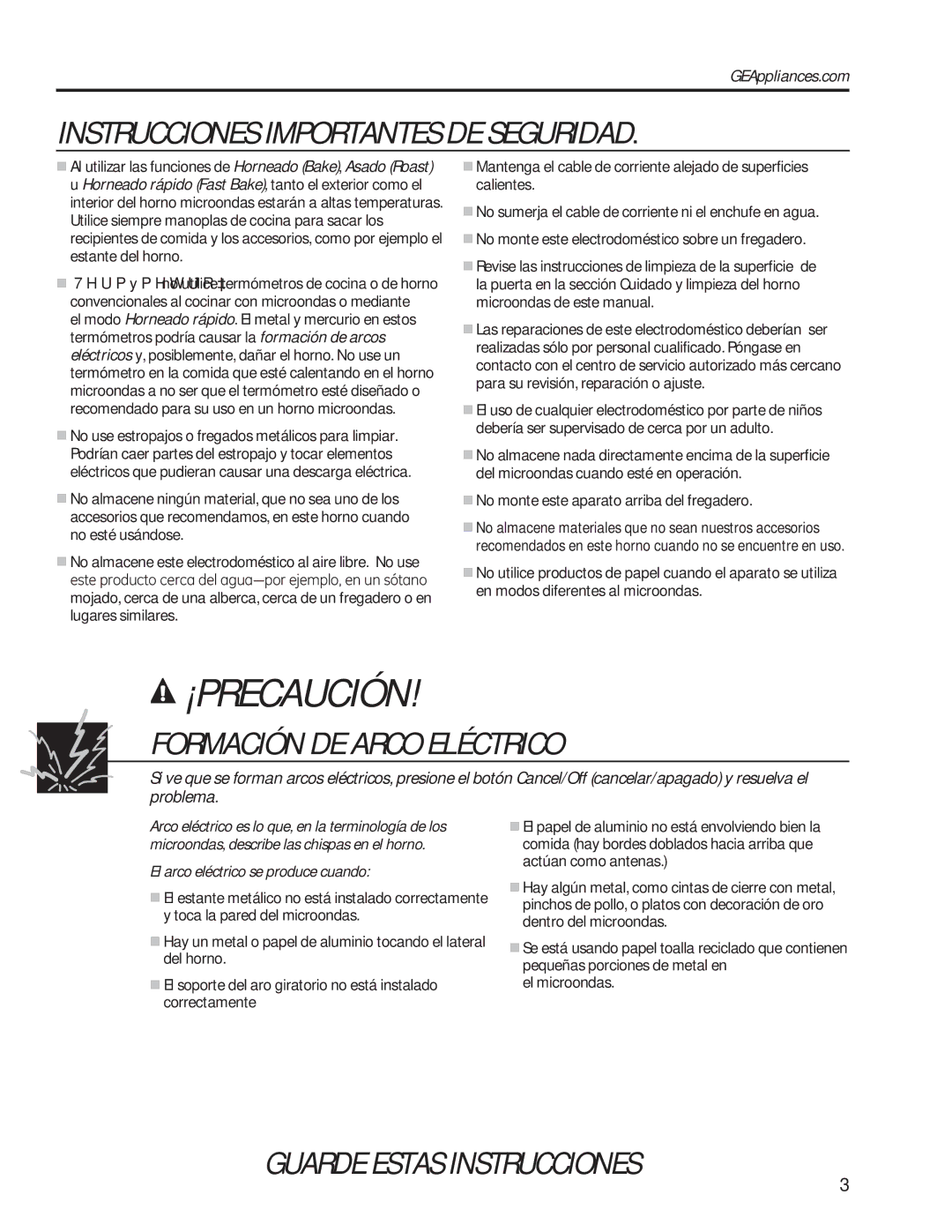 GE PVM9179 Instrucciones Importantes DE Seguridad, Formación DE Arco Eléctrico, El arco eléctrico se produce cuando 