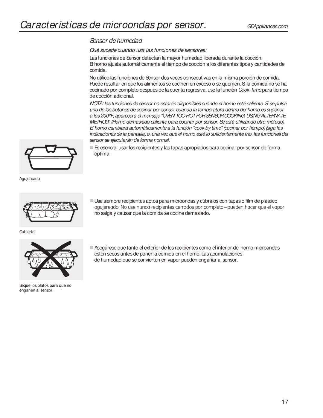 GE PVM9179 Características de microondas por sensor, Sensor de humedad, Qué sucede cuando usa las funciones de sensores 