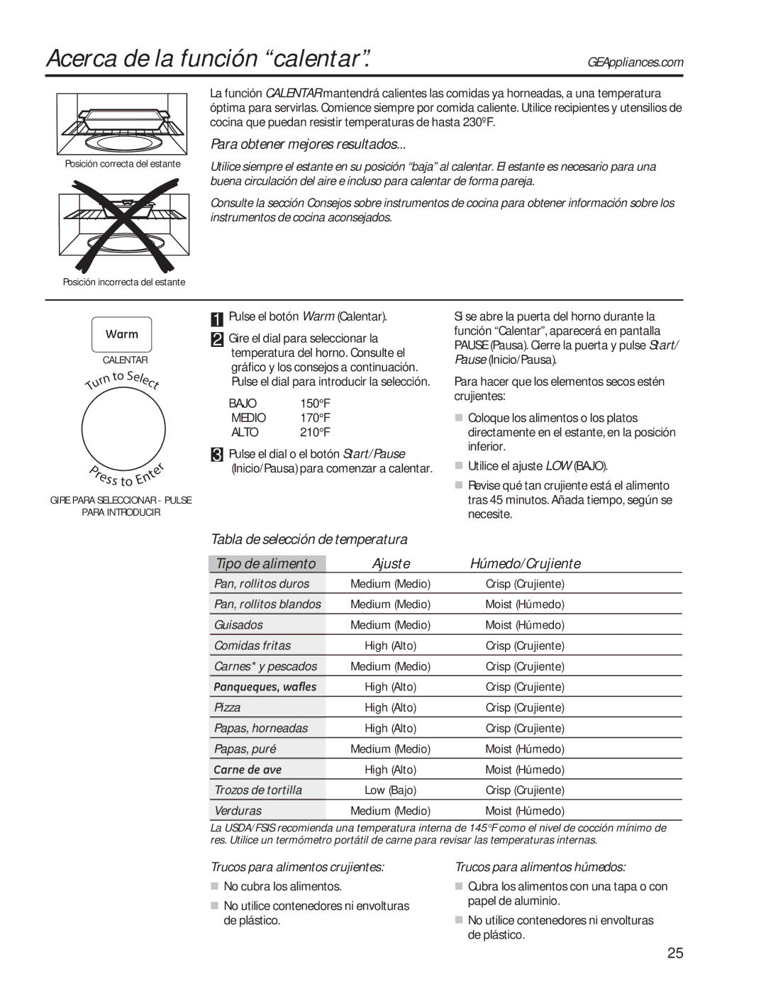 GE PVM9179 Acerca de la función calentar, Para obtener mejores resultados, Tabla de selección de temperatura, DuqhGhDyh 