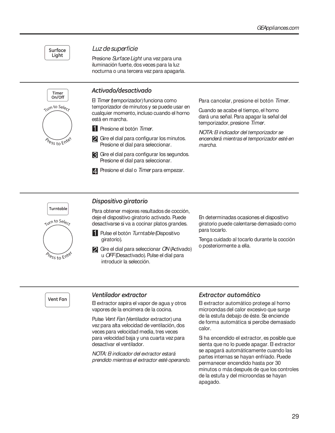 GE PVM9179 owner manual Luz de superficie, WUDFWRUDXWRPiWLFR, Pulse el botón Turntable Dispositivo giratorio 