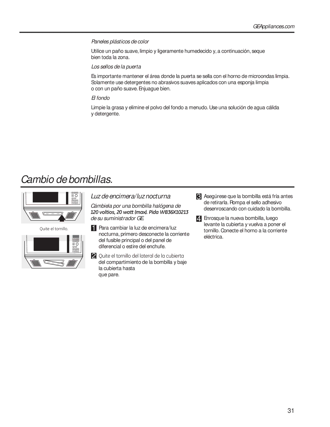 GE PVM9179 owner manual Cambio de bombillas, Luz de encimera/luz nocturna 