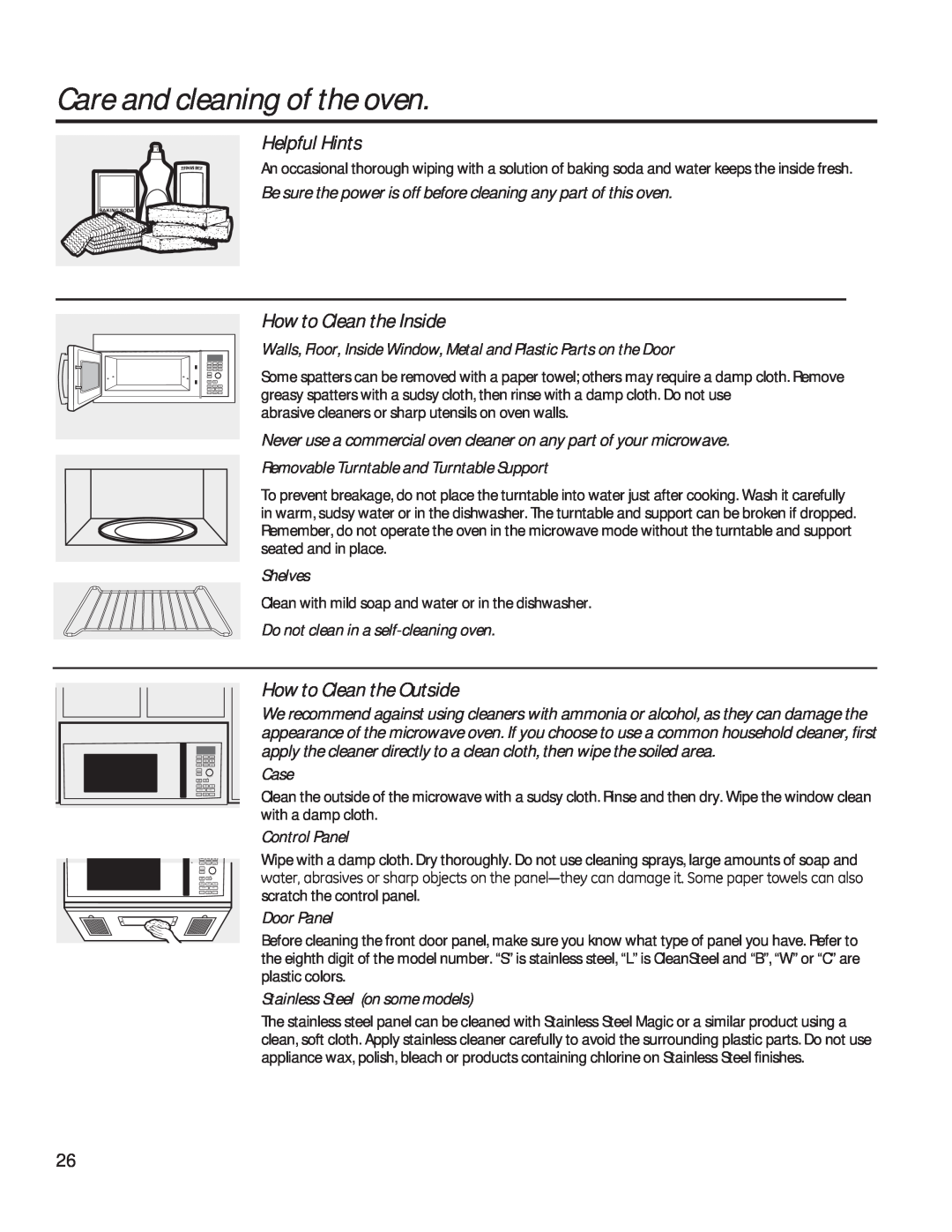 GE PVM9179 owner manual Care and cleaning of the oven, Helpful Hints, How to Clean the Inside, How to Clean the Outside 