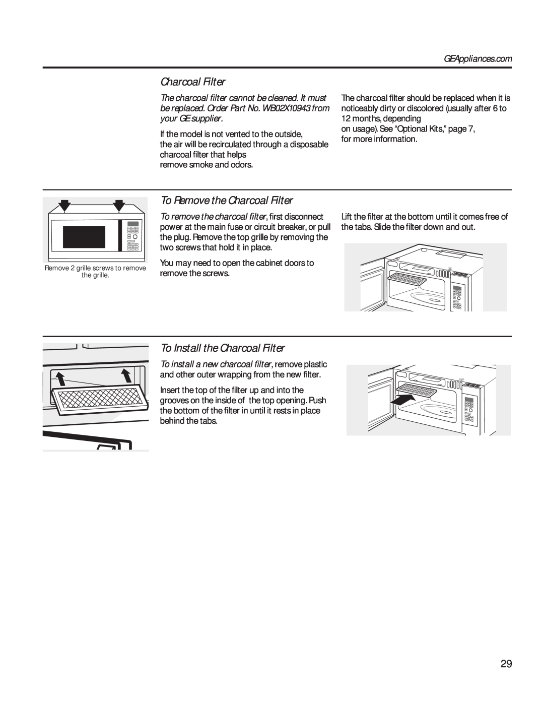 GE PVM9179 owner manual To Remove the Charcoal Filter, To Install the Charcoal Filter 
