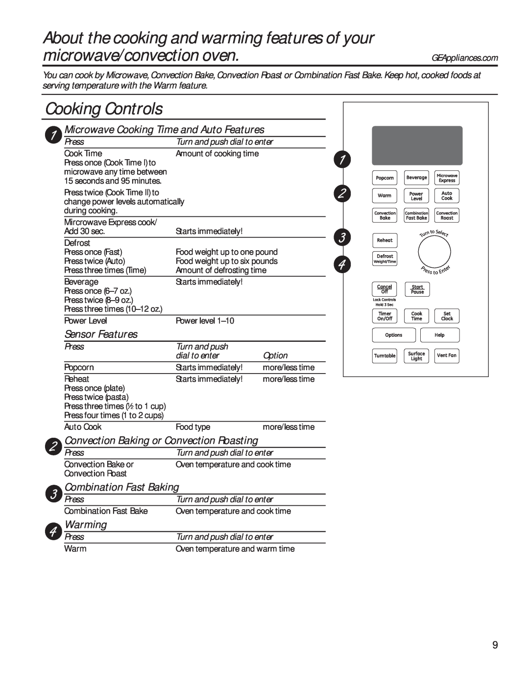 GE PVM9179 About the cooking and warming features of your, microwave/convection oven, Cooking Controls, Sensor Features 