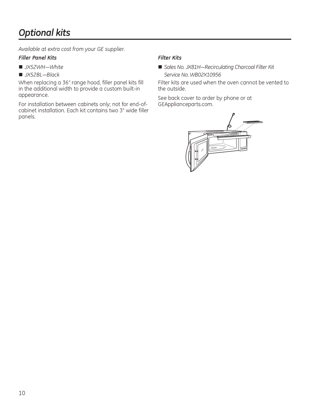 GE PVM9195, PNM9196, JVM7195, JVM7196, DVM7195 owner manual Optional kits, Filler Panel Kits, Filter Kits 