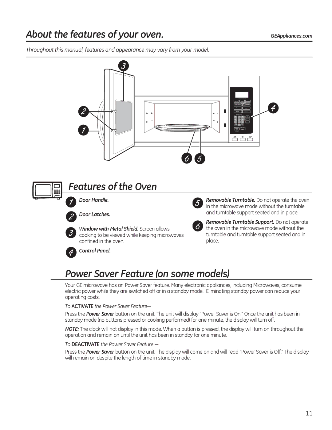 GE PNM9196, PVM9195, JVM7195 About the features of your oven, Features of the Oven, Power Saver Feature on some models 